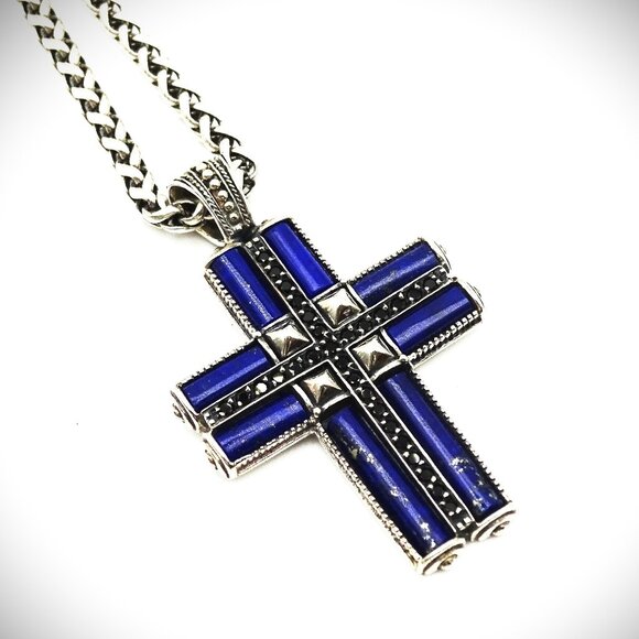 KONSTANTINO Sterling Silver Lapis Lazuli Black Spinel Cross & Chain Necklace - Picture 1 of 11